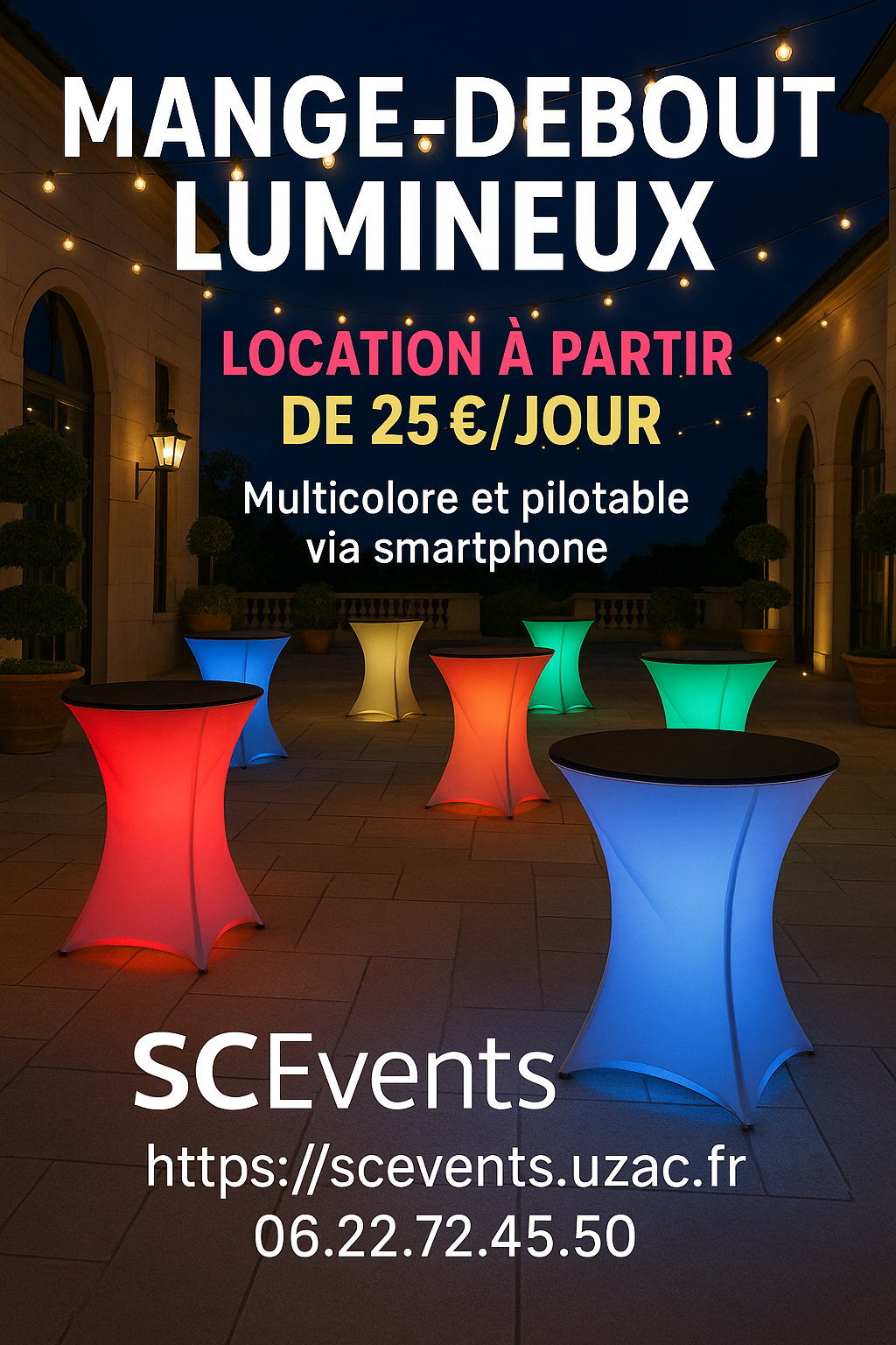 Affiche de location de mange-debout lumineux SCEvents